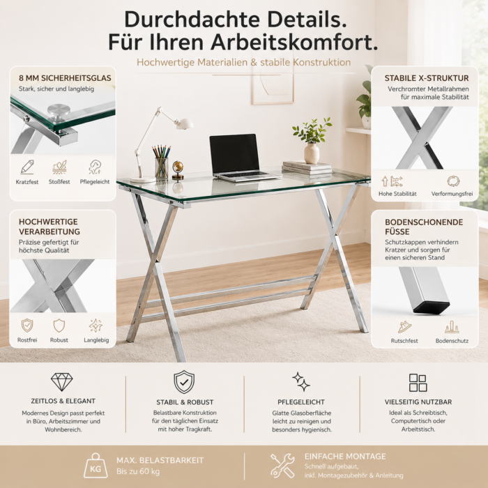 Schreibtisch NORA | Glas + robuste Tischplatte – Bild 8