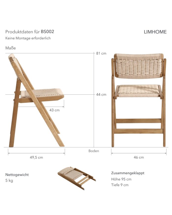 Klappstuhl BS002 aus Eichenholz mit Papierschnur-Geflecht, Natur – Bild 7